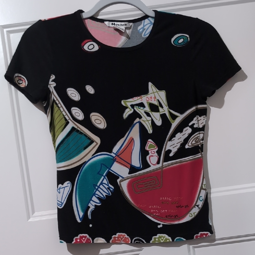 Peter Nygard Black Tee with Multicolor Abstract Design